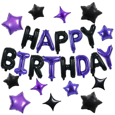 Produktbild von 35-teiliges Happy Birthday Deko-Set Schwarz Lila 40,6 cm Folienballons Sternballons