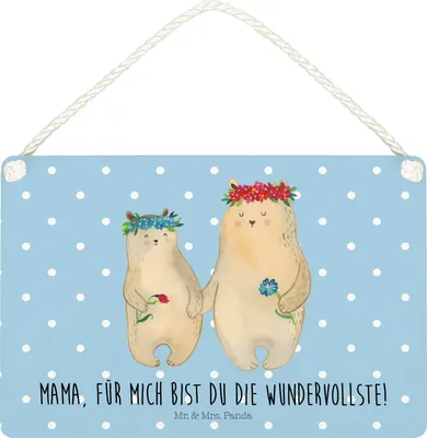 Produktbild von Mr. & Mrs. Panda Schild Bären mit Blumenkranz DIN A5 - Blau Pastell - Geschenk, Muttertag, Family, Familie, kleine aufmerksamkeit, Türschild, holzbild, Kinder, wandtafel