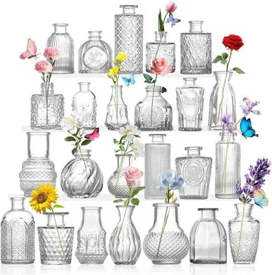 Produktbild von Famanu Mini-Glasvase Set von 24 Stück, Vintage-Optik, kleine Blumenvasen für Tischdekoration, Hochzeiten und Interieur