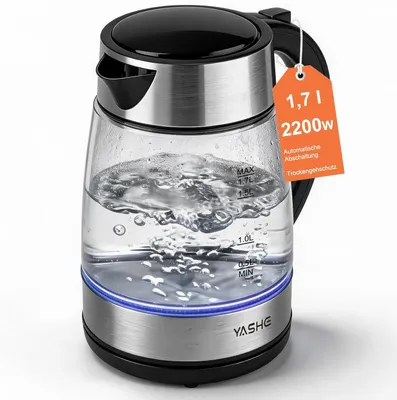 Produktbild von YASHE Glas-Wasserkocher FK-1805-1, 1,7 L, 2200 W, blaue LED