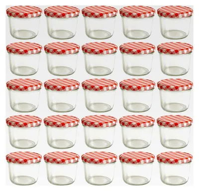 Produktbild von 25 Marmeladengläser 230 ml | mit rot kariertem Deckel | mit Etiketten | Einmachgläser mit Schraubdeckel | Sturzgläser für Marmelade | leere Gläser Set | 25 Stück