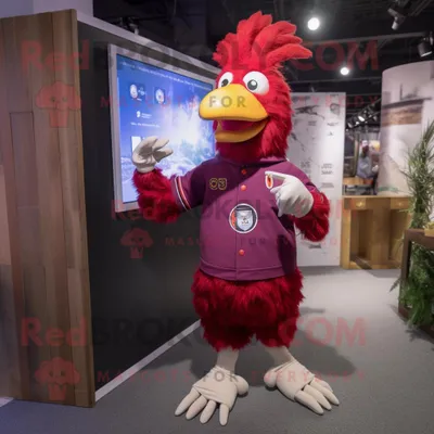 Productafbeelding van Maroon Rooster mascotte REDBROKOLY kostuum karakter gekleed met een tuinbroek en haarspelden