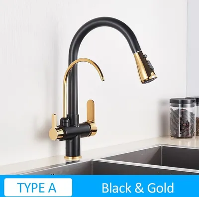 Obrázek produktu pro Linuode Matte Black Filtrovaný jeřáb pro kuchyňský výsuvný rozprašovač 360 otáčení vodního filtru Třícestná dřezová směšovací kuchyňská baterie, TYP A-černé zlato