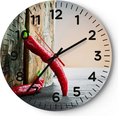Produktbild von Wanduhr - Rund - Glasuhr - Chili Gewürz Gemüse - 30x30cm - Schleichendes Uhrwerk - Lautlos - zum Aufhängen bereit - Dekoration Modern - Wanddekoration aus Glas - C4AR30x30-2264