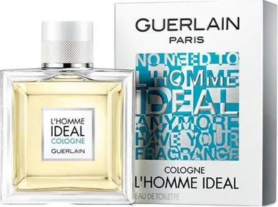 A bottle of Guerlain L'Homme Ideal Cologne and its packaging are displayed against a white background.