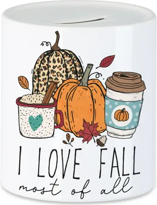 Produktbild von I Love Fall Most Of All Spardose Pumpkins Kürbis Herbstzeit Laubblätter Jahreszeit Erntezeit Heißgetränke Herbst