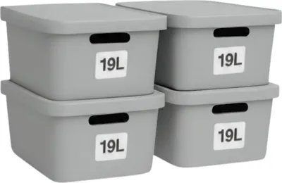 Produktbild von Plastard Aufbewahrungsbox 4er-Set, 19L, Lagerbox, Regalbox, stapelbar, Grau