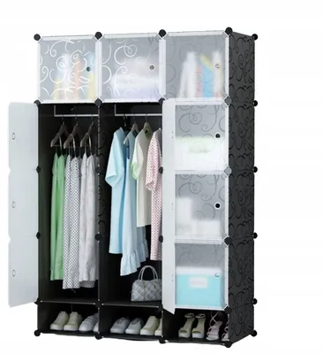A modular wardrobe with hanging clothes and shoes on display.