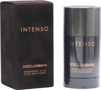 Dunkelbraune Verpackung und glänzender, schwarzer Deostick von Dolce & Gabbana Intenso mit goldener Schrift nebeneinander dargestellt.