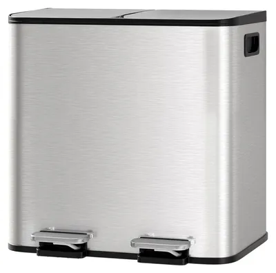 Image de Poubelle double pour la cuisine - Système de tri des déchets encastrable - 2 x 15 l - Acier inoxydable - Ouverture par pression - Argent