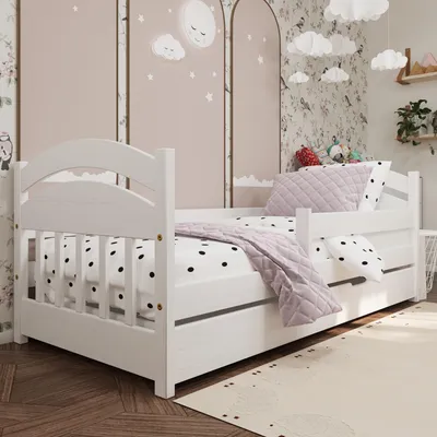 Produktbild von Kinderbett Leo mit Rausfallschutz, Schublade und Lattenrost | 160x80 cm | Deckweiß | 100% Massivkiefernholz | für Jungen und Mädchen | stabil