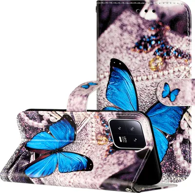 Produktbild von CLM-Tech Hülle kompatibel mit Xiaomi 13 Pro - Tasche aus Kunstleder - Klapphülle mit Ständer und Kartenfächern, blauer Schmetterling