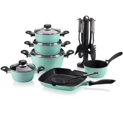 Produktbild von Karl Krüger 17/M Aluguss-Set 17-teilig - antihaft-versiegeltes Topf- und Pfannenset mit Küchenhelfer - mint