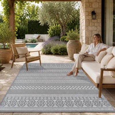 Produktbild von Outdoor Teppich Flachgewebe modern Boho Ethno wetterfest Außenbereich Grösse 80x150 cm