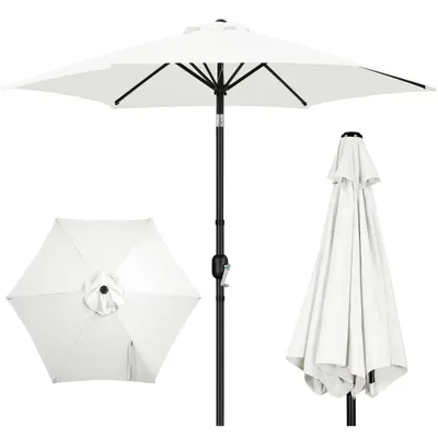 A white patio umbrella is shown in three different views: open, top-down, and closed.