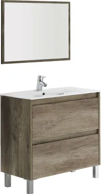 Produktbild von Unterschrank Djuwar, Hängeschrank mit 2 Schubladen, Badezimmerschrank mit Spiegel, Waschbecken nicht enthalten, 80x45h80 cm, Eiche