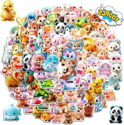 Image de 100 autocollants d'animaux mignons et résistants à l'eau pour l'ordinateur portable des enfants