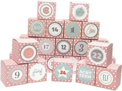 Produktbild von DIY Adventskalender Vorfreude zum Befüllen,24 Faltschachteln rosa weiße Sterne 7x7x7cm (gefaltet), XL Ziffern pastell/Weihnachten, Aufkleber, Würfelbox, Faltverpackung, Schachteln