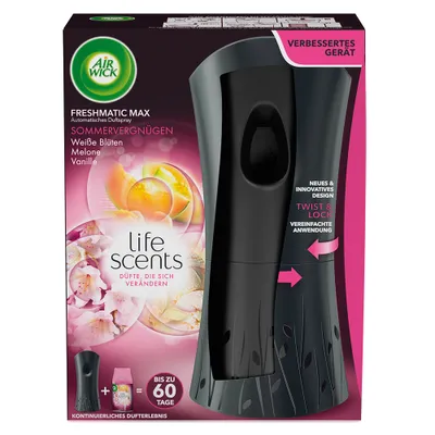 The image shows the packaging of an Air Wick Freshmatic Max automatic air freshener, featuring the product itself and marketing graphics.