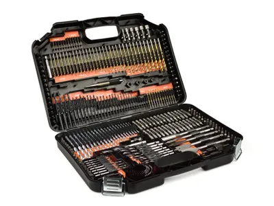 An open black plastic case containing a large set of drill bits and other tools.