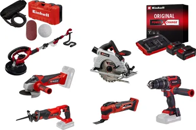 Image de Kit chantier sans fil Einhell – Meuleuse - scies - perceuse - ponceuse + 2 batteries 4.0Ah + chargeur