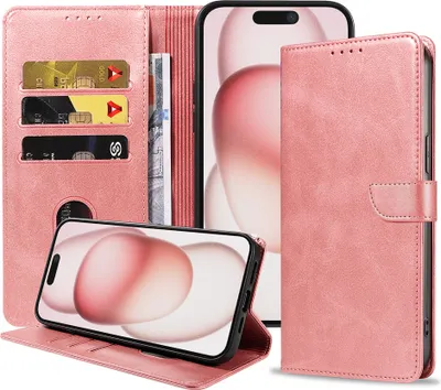 Obrázok produktu pre Fit for iPhone 15 Phone Case Faux Leather with Magnetic Lip and Card Holder Knižkové puzdro s chlopňou - Pink - Smartphonica
