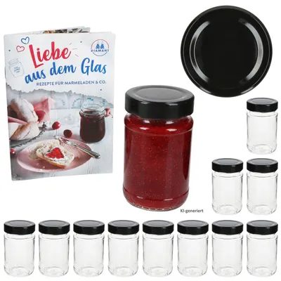 Image de Lot de 12 pots à confiture de 220 ml, avec couvercle noir et verre à rebord épais