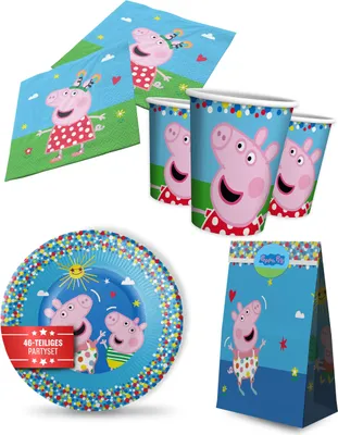 Produktbild von Peppa Pig Party Paket 46tlg mit Tellern Bechern Servietten und Geschenktüten