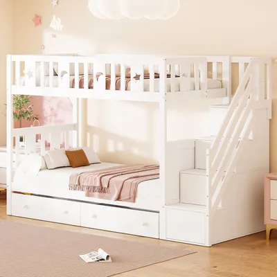 Image de MODFU Lit Superposé 90x200 Cm - Lit Avec Deux Tiroirs Et Échelle De Sécurité, Bois Massif Et MDF, Sans Matelas, Blanc