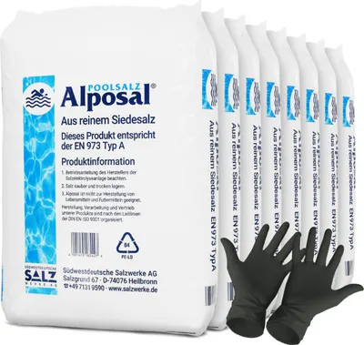 Produktbild von Alposal Poolsalz 200 kg, Schwimmbadsalz, Chlorinator geeignet, Salzelektrolyse, Siedesalz inklusiv 1 Paar ARNOMED Einweghandschuh