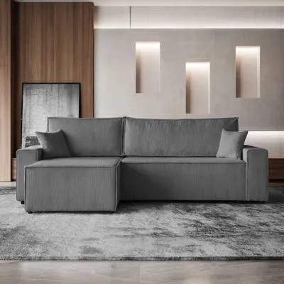 Image de Canapé d'angle HEKTOR en L avec fonction couchage et coffre de rangement, canapé gris, pouf 70 cm