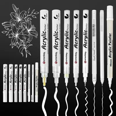 Zdjęcie produktu dla Zestaw 8 białych markerów akrylowych, permanentnych, wodoodpornych, o grubości linii od 0,5 do 4 mm, z końcówką pędzelkową, do użytku na papierze, drewnie i szkle