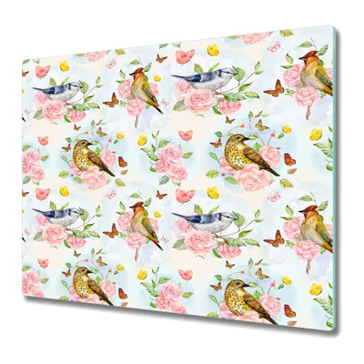 Produktbild von Küchenschneidebrett - Glasschneidebrett - Herdabdeckung - 60x52 - Vögel und rosa Rosen