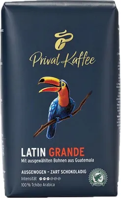 A bag of Tchibo Privat Kaffee with a toucan illustration.