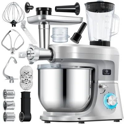 Immagine prodotto di Robot da cucina universale KESSER® 3 in 1 K-KM 3000 con tritacarne, impastatrice, frullatore multifunzione, ciotola da 5,5 L con 3 accessori per impastare, estrattore da 1,5 L, set per insaccare, stampi per pasta e biscotti