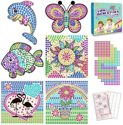 Productafbeelding van 6 sets zonnevangers voor kinderen van 3 tot 10 jaar. DIY diamanten schilderkit met zonnebloem en dolfijn, geschikt voor meisjes vanaf 3 jaar. 5D edelsteen diamantenraam met vlinder