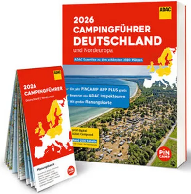 A book and a folded brochure for a camping guide are displayed.