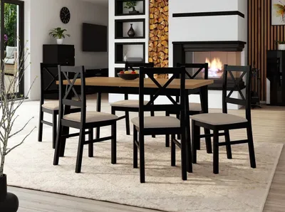 Obrázok produktu pre Rozkladací jedálenský stôl 140 cm so 6 stoličkami ADELBITE 3 - dub grandson / čierny / béžový