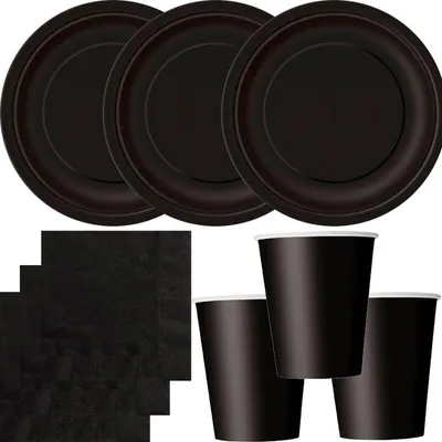 Produktbild von Party Deko Set Schwarz Einweggeschirr für 16 Personen Teller, Becher, Servietten