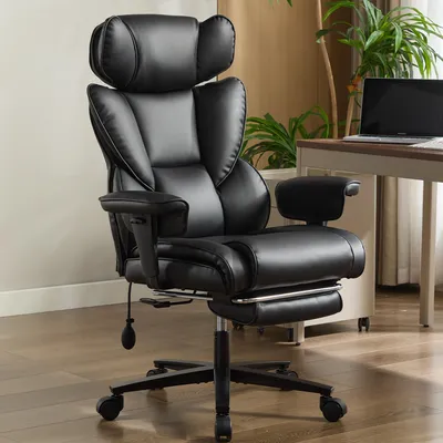 Zdjęcie produktu dla Krzesło biurowe z podnóżkiem i podparciem lędźwiowym, ergonomiczne, z regulowaną wysokością zagłówka, obite skórą, z funkcją regulacji nachylenia - kolor czarny