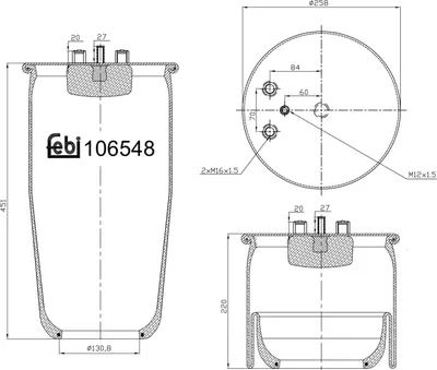 Produktbild von FEBI BILSTEIN Luftfederbalg 106548 Hinten für MAN TGS 445mm 220mm 258mm 130mm