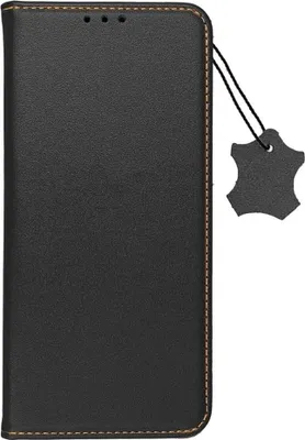 A black leather phone case with a leather tag attached by a string.