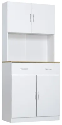 Image de Buffet haut cuisine, armoire de cuisine, 4 portes, tiroir, plan de travail et šŠtagššres ršŠglables, 80x40x180cm, blanc