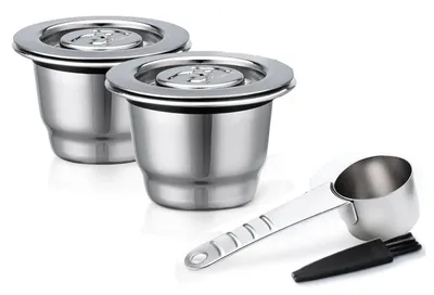 Image de Omgoods - Capsules réutilisables en acier inoxydable pour machines Nespresso, avec tasseur et brosse