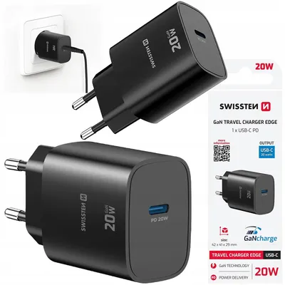Obrázek produktu pro RYCHLÁ SÍŤOVÁ NABÍJEČKA 1 x USB-C PD 20 W GaN SWISSTEN Černá Kompaktní