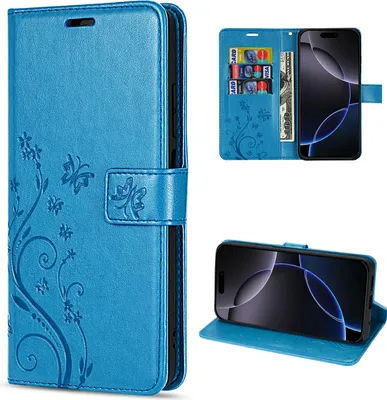 Produktbild von iPhone 16 Pro Handyhülle – Klapphülle Schutzhülle Tasche mit Magnetverschluss & Kartenfächern - Blau