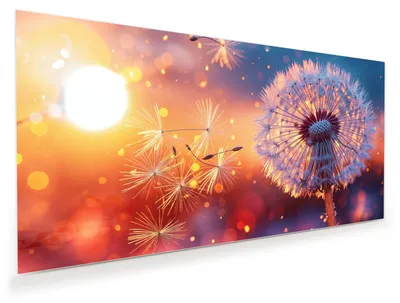 Produktbild von Glasbild 120x60cm in XXL für Wohnzimmer, Schlafzimmer Motiv Pusteblume Sonnenuntergang