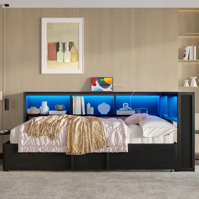 Obrázek produktu pro okwish Dení postel 90x200 Rozkládací postel, Dětská postel bez matrace, Dení postel s vysouvací částí a úložnými boxy, dětská postel s běžnými zásuvkami a LED čelem, černá