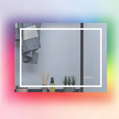 Produktbild von Badspiegel mit RGB 120×70cm Kalt/Neutral/Warmweiß dimmbar Memory Beschlagfrei eine Stunde automatische Abschaltung Wandschalter LED Spiegel mit RGB Hinterbeleuchtung