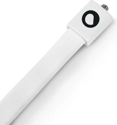 A close-up shot of a white flexible camera mount with a black logo on a white background.